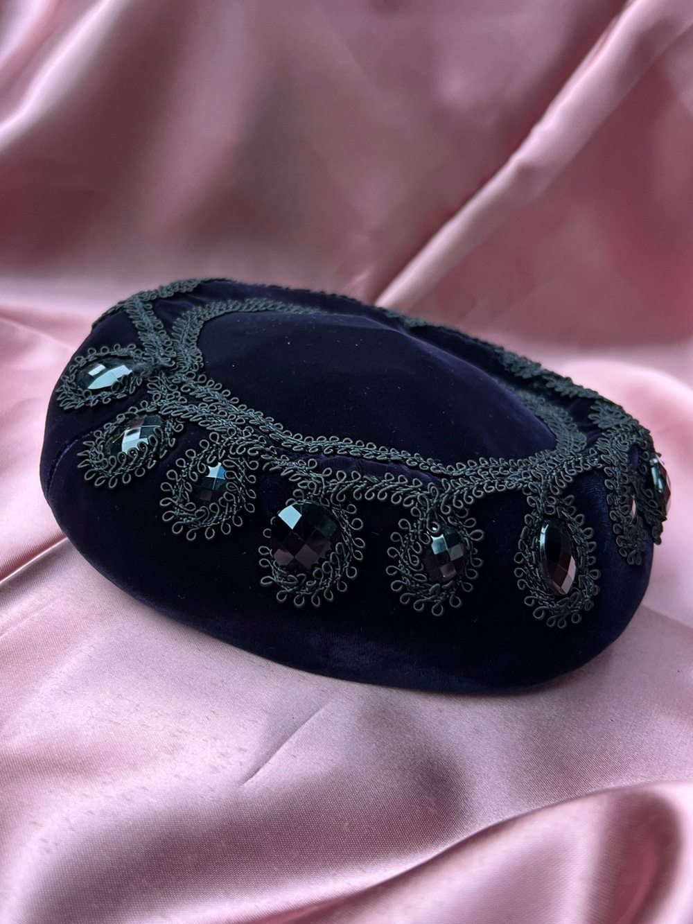 Vintage Velour Velvet Embellished Pillbox Hat Navy and Black